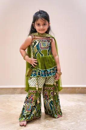 Green with Cream Kalamkari Print Peplum Top with Palazzo Set for Girls