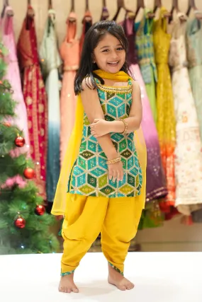 Green with Yellow Bandini Print and Sequins work Dhoti Style Salwar for Girls