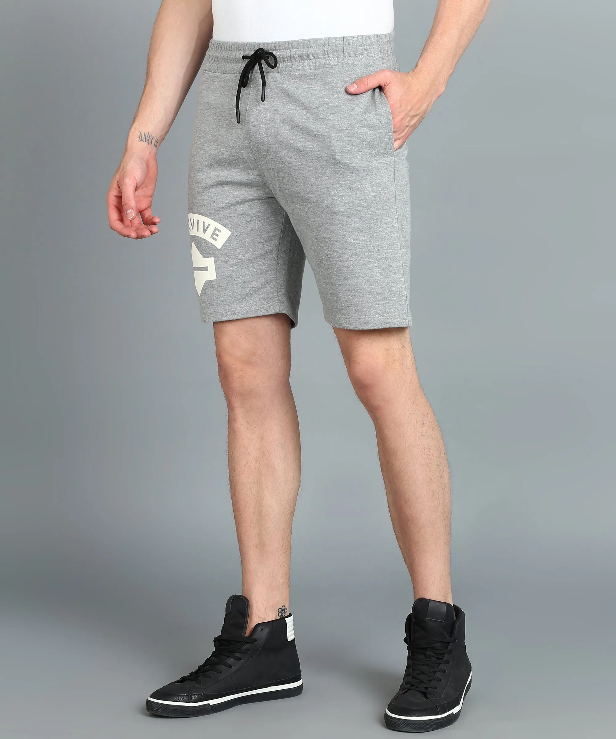 Men's Grey Melange Cotton Printed Regular Shorts Stretchable