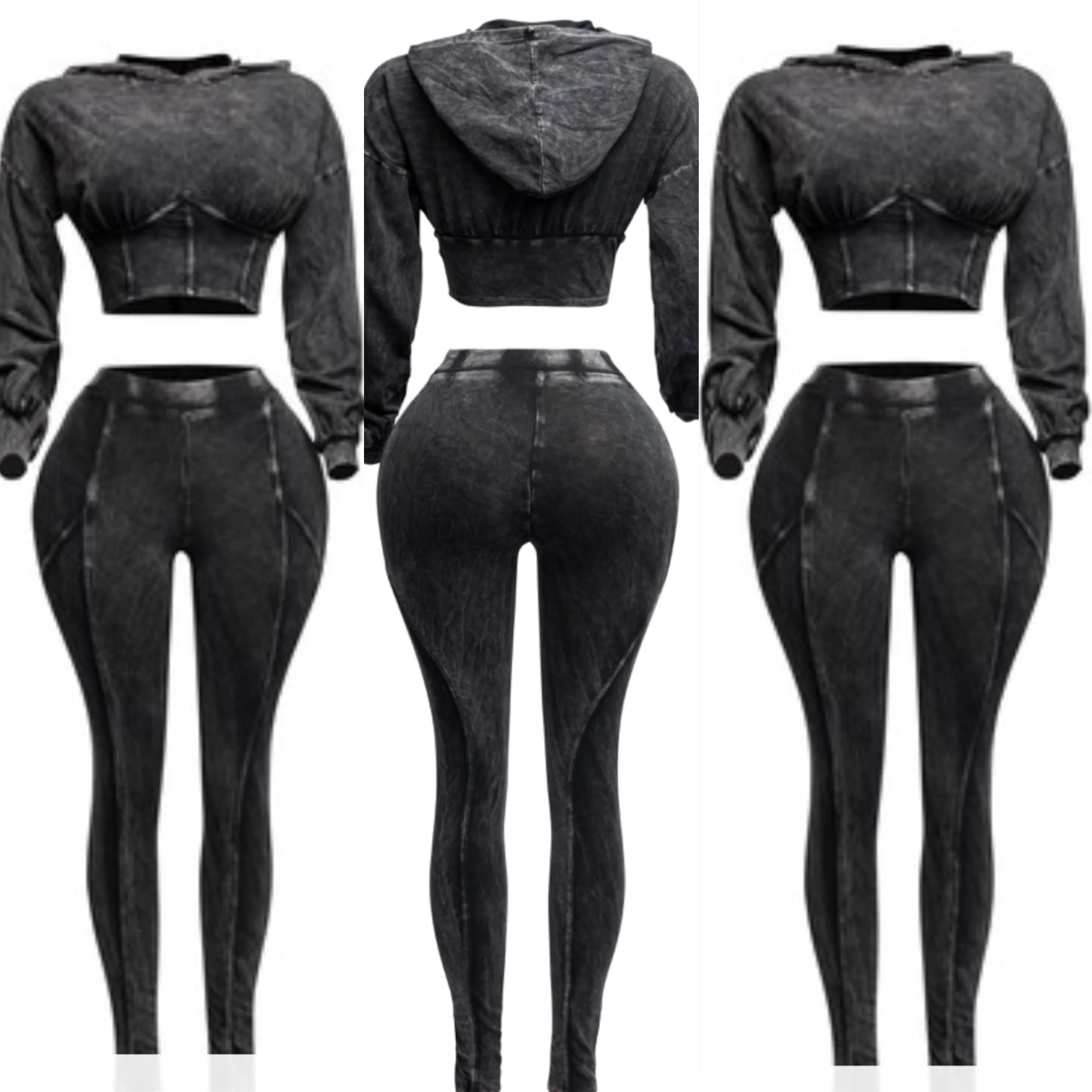 Mineral washed hood top & leggings set (Black)