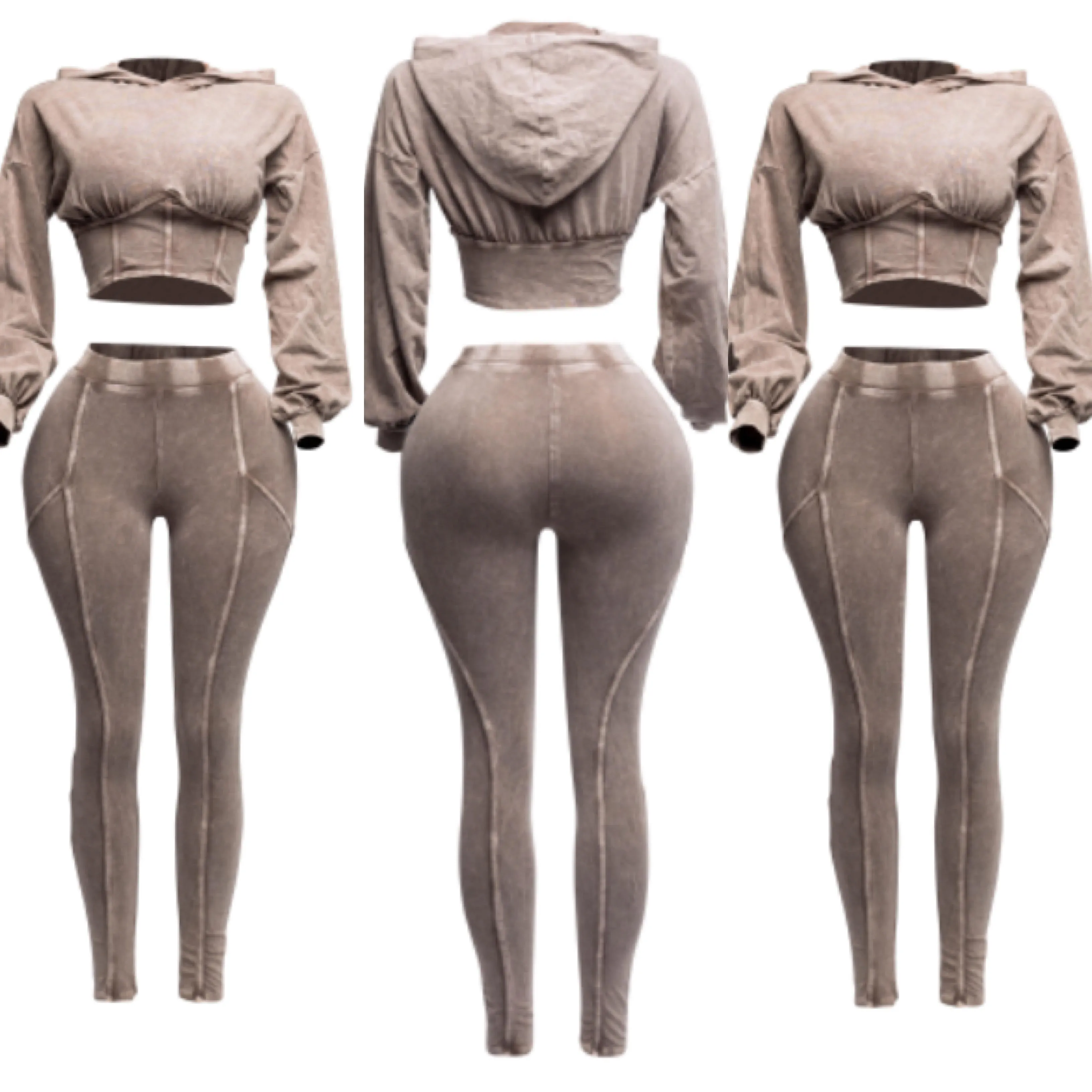 Mineral washed hood top & leggings set ( Tan)