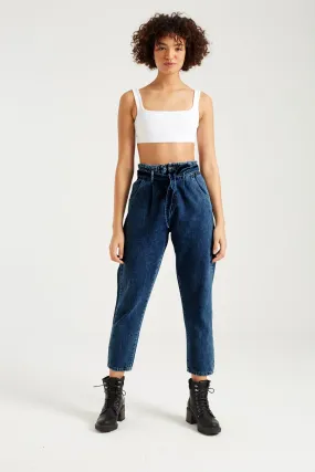 NAVY BELTED PAPERBAG JEANS