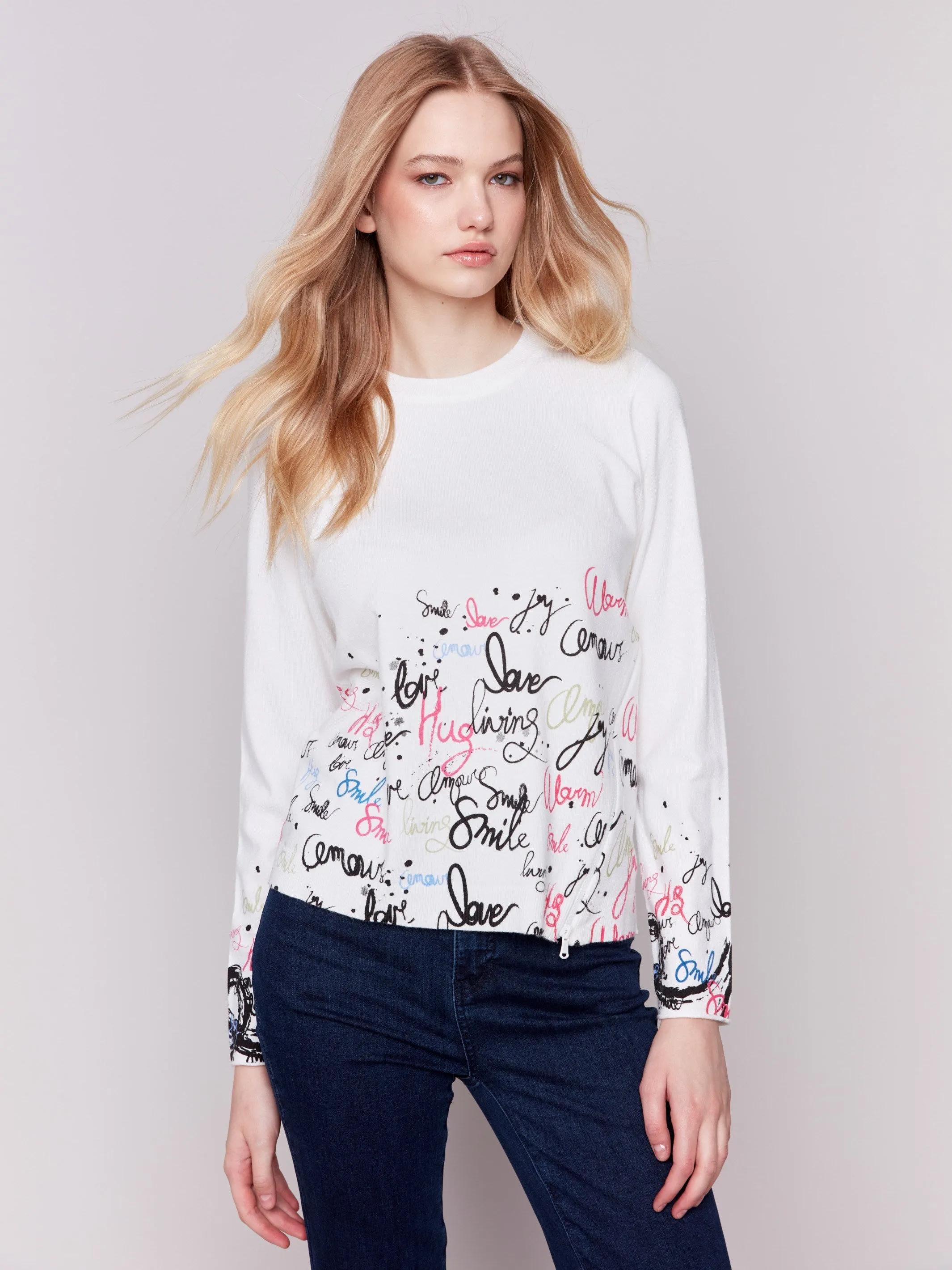 Printed Knit Sweater with Diagonal Zipper Detail - Cream